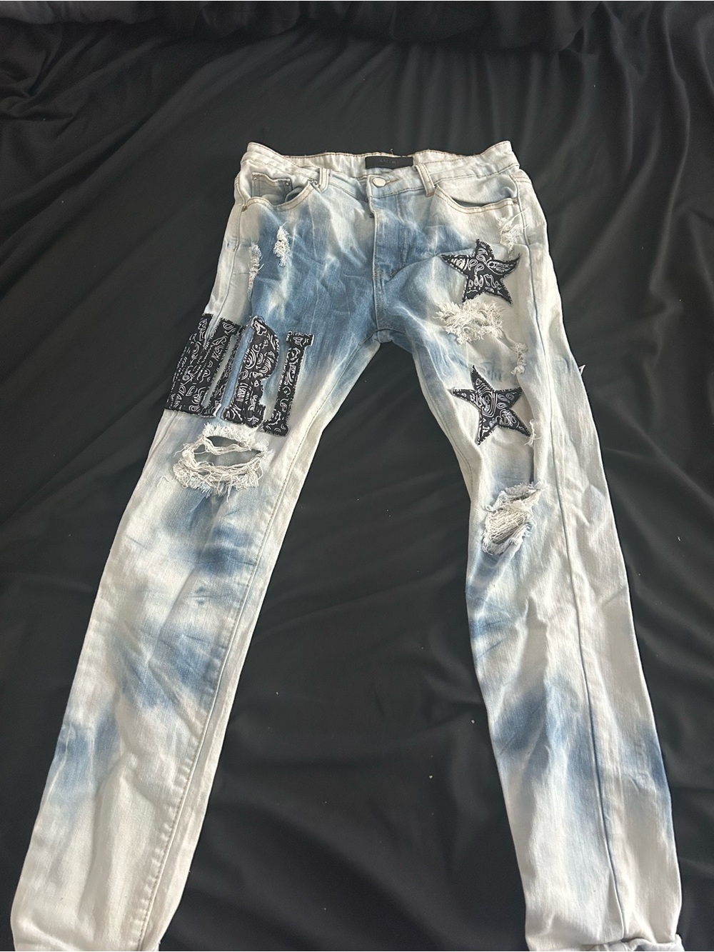 AMIRI Light Blue Denim Star Patchwork Slim Straight Jeans Size